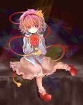  1girl ari_(pixiv1634539) eyeball full_body hairband heart highres komeiji_satori long_sleeves looking_at_viewer mary_janes pink_hair shirt shoes short_hair sitting skirt solo string third_eye touhou violet_eyes wide_sleeves 