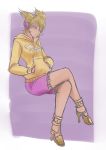 1girl adapted_costume blonde_hair crossed_legs dilaih filigree frilled_shorts grey_eyes hands_in_pockets headphones high_heels homestuck hoodie legs long_hair purple_background shirt simple_background sitting solo strapped_heels touhou toyosatomimi_no_miko yellow_shirt 