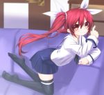 1girl blush candy couch date_a_live hair_ribbon itsuka_kotori lollipop long_hair looking_at_viewer mizunashi_(second_run) necktie red_eyes redhead ribbon school_uniform smile solo thigh-highs twintails 