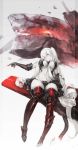  1girl absurdres aircraft_carrier_hime boots breasts gauntlets hair_between_breasts highres kantai_collection labombardier! long_hair pointing red_eyes shinkaisei-kan side_ponytail sitting smile solo thigh-highs thigh_boots very_long_hair white_hair white_skin 