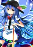  1girl blue_hair clouds cloudy_sky food fruit hat highres hinanawi_tenshi looking_at_viewer peach red_eyes sky solo sword_of_hisou te_toga thigh-highs touhou 