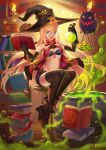  1girl blonde_hair blue_eyes book bra breasts candle cauldron elbow_gloves gloves hat highres long_hair original shui_qian_he_kafei solo thigh-highs underwear witch_hat 