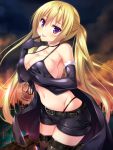  1girl belt black_gloves black_panties blonde_hair blush boots breasts choker cityscape cleavage elbow_gloves gloves hand_on_own_chest hatsu highleg highleg_panties large_breasts lieselotte_sherlock long_hair looking_at_viewer navel panties shorts smile solo thigh-highs thigh_boots tongue tongue_out trinity_seven twintails underwear violet_eyes 