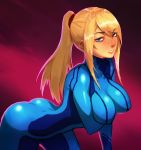  1girl bent_over blonde_hair blue_eyes blush bodysuit breast_hold breasts large_breasts long_hair looking_at_viewer metroid parted_lips ponytail samus_aran shanabi sidelocks skin_tight solo zero_suit 