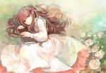  1girl aki_(wishtakeme) bangs book brown_eyes brown_hair bury coco_(bury) dress flower hair_ribbon highres holding long_hair looking_at_viewer lying on_side pink_ribbon ribbon sidelocks solo tears 