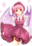  1girl animal_ears bird_wings brown_dress dress earrings hat jewelry kotarou_(yukina1721) long_sleeves looking_at_viewer mystia_lorelei open_mouth pink_hair red_eyes shirt short_hair smile solo touhou wings 