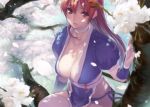  1girl arm_guards breasts brown_eyes brown_hair cherry_blossoms choker cleavage dead_or_alive flower in_tree japanese_clothes kasumi_(doa) large_breasts long_hair looking_at_viewer obi panties parted_lips pelvic_curtain petals sasaoka_gungu sash side-tie_panties sitting sitting_in_tree solo thigh-highs tree underwear white_legwear 