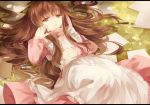  1girl apron bangs book brown_eyes brown_hair bury coco_(bury) dress hair_ribbon long_hair lying on_back open_mouth paper pink_ribbon ribbon shouen_kigashi sidelocks solo very_long_hair 