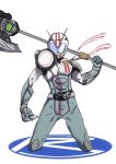  1boy antennae armor axe belt card fusion helmet holding holding_card id_card kamen_rider kamen_rider_chaser kamen_rider_drive_(series) kamen_rider_mach male mask over_shoulder scarf shoulder_pads solo spoilers symbol tire wakigami_taine weapon weapon_over_shoulder white_background 