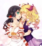  2girls apron aqua_eyes bare_shoulders black_hair blonde_hair braid closed_eyes deanna_2 fork hair_ornament heart horns hug incipient_kiss long_hair multiple_girls original pie plate striped sweater twintails wavy_hair yuri 