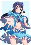  1girl absurdres black_hair blue_eyes dress highres idolmaster idolmaster_million_live! long_hair looking_at_viewer microphone mogami_shizuka outstretched_arm smile solo wkdnlwoddl 