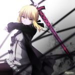  artist_name black_ribbon blonde_hair dress fate/stay_night fate_(series) frills highres magicians_(zhkahogigzkh) ribbon saber saber_alter sword thigh-highs weapon yellow_eyes 