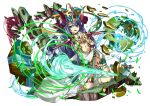  1girl bangs breasts drill gaia_(p&amp;d) grass green_eyes hair_between_eyes hands_clasped headpiece horns interlocked_fingers kei_(keiclear) kneeling lavender_hair long_hair navel puzzle_&amp;_dragons simple_background skirt smile solo thigh_strap under_boob water white_background white_skirt 