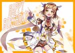  1girl adapted_costume bare_shoulders brown_hair hair_ribbon hanamaruo happy_birthday midriff navel open_mouth ribbon senki_zesshou_symphogear short_hair shorts smile tachibana_hibiki_(symphogear) thigh-highs v 