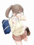  1girl bag brown_eyes brown_hair food_in_mouth long_hair looking_back magekichi mouth_hold original plaid plaid_skirt ponytail school_uniform skirt solo toast toast_in_mouth 