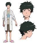  1boy beige_shirt black_hair brown_eyes brown_shorts digimon digimon_adventure_tri labcoat nishijima_daigo official_art pink_slippers print_shirt shirt shorts simple_background slippers smile solo star_print uki_atsuya white_background 