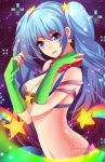  artist_name beads blue_eyes blue_hair breasts cleavage earrings fingerless_gloves gloves green_gloves highres jewelry league_of_legends light_smile lips looking_at_viewer midriff navel necklace sky sona_buvelle squadra star star_(sky) starry_sky twintails 