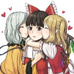  3girls ascot back black_hair blonde_hair blush brown_eyes cheek_kiss closed_eyes covering_one_eye crystal flandre_scarlet girl_sandwich green_hair hair_ribbon hakurei_reimu heart hug kiss kitano_(kitanosnowwhite) komeiji_koishi long_sleeves looking_at_another multiple_girls no_hat open_mouth pointy_ears profile puffy_sleeves ribbon sandwiched sash shirt short_hair short_sleeves side_ponytail simple_background smile string touhou upper_body vest white_background wide_sleeves wings yuri 