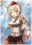  1girl animal_ears autumn_leaves breasts detached_sleeves hat highres inubashiri_momiji leaf looking_at_viewer midriff navel open_mouth pom_pom_(clothes) red_eyes shield short_hair silver_hair skirt solo sword tail tokin_hat tomoichi touhou weapon wolf_ears wolf_tail 