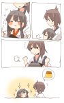  2girls :t =_= akagi_(kantai_collection) anger_vein angry armor blush_stickers brown_hair flying_sweatdrops highres hug hug_from_behind japanese_clothes kaga_(kantai_collection) kantai_collection multiple_girls muneate pudding rebecca_(keinelove) side_ponytail sparkle sweatdrop wavy_mouth younger 
