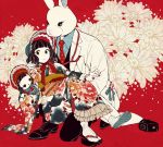  1girl animal_head black_hair bonnet carrying doll flower formal geta hanaze japanese_clothes kimono nail_polish necktie original princess_carry rabbit rabbit_head red_background red_nails ringlets suit tabi white_suit yellow_eyes yukata 