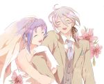  1boy 1girl blue_hair bridal_veil closed_eyes couple dress flower gloves grey_hair hetero klarth_lester long_hair meguri_(lunge) milard_rune smile tales_of_(series) tales_of_phantasia veil wedding_dress 