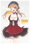 1girl alcohol beer blonde_hair breasts dirndl german_clothes head_scarf kantai_collection long_hair looking_at_viewer one_eye_closed open_mouth prinz_eugen_(kantai_collection) riruno smile solo twintails 