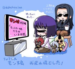  2girls ahoge black_hair black_sclera blonde_hair blush_stickers character_doll coffee_mug cyclops doppel_(monster_musume) doppelganger formal horn long_hair manako monster_musume_no_iru_nichijou ms._smith multiple_girls necktie one-eyed oni pantyhose purple_hair redhead seiza shake-o sharp_teeth sitting skirt_suit smile stitches stool suit sunglasses tears television tionishia translation_request twitter_username white_hair yellow_eyes zombie zombina 