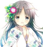  1girl :d black_eyes black_hair floral_print flower flower_on_head hands_clasped hands_together japanese_clothes kimono looking_at_viewer natsuki_coco open_mouth original smile solo yukata 