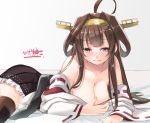  1girl ahoge bare_shoulders boots breasts brown_hair detached_sleeves double_bun hairband headgear it&#039;s_ok_to_touch japanese_clothes kantai_collection kongou_(kantai_collection) large_breasts long_hair looking_at_viewer lying miniskirt nontraditional_miko on_side shinkun skirt thigh-highs thigh_boots 
