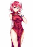  1girl adapted_costume alternate_costume bandaged_arm blush bun_cover china_dress chinese_clothes cuffs double_bun flower ibaraki_kasen looking_at_viewer pink_eyes pink_hair rose short_hair simple_background solo touhou uu_uu_zan white_background 