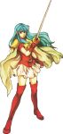  1girl aqua_eyes aqua_hair boots cape eirika female fire_emblem fire_emblem:_seima_no_kouseki full_body gloves holding holding_sword holding_weapon long_hair looking_at_viewer official_art red_boots red_footwear red_gloves red_thigh_boots short_sleeves simple_background skirt solo spaulders standing sword thigh_boots transparent_background wada_sachiko weapon zettai_ryouiki 