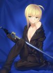  1girl ahoge black_gloves blonde_hair blush breasts business_suit cleavage excalibur fate/zero fate_(series) formal gloves green_eyes highres long_hair looking_at_viewer off_shoulder open_clothes saber sitting small_breasts solo suit sword weapon yangsion 