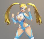  1girl bare_shoulders blonde_hair blue_eyes breasts cleavage cleavage_cutout clenched_hands covered_navel cowboy_shot frills heart_cutout large_breasts leotard long_hair mask no_bra notte open_mouth rainbow_mika revealing_clothes solo street_fighter thigh-highs twintails 