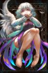  1girl ass barefoot bow breasts brown_jacket colored_eyelashes covering covering_crotch covering_mouth dress feathered_wings feathers highres jacket kishin_sagume legs legs_up light looking_down mimit no_panties pink_eyes purple_dress short_hair silver_hair single_wing sleeve_tug solo thighs toenails touhou white_wings wings 