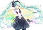  1girl aqua_eyes aqua_hair black_gloves black_legwear commentary_request gloves hatsune_miku headphones highres junjam long_hair looking_at_viewer pantyhose persona persona_4:_dancing_all_night skirt smile solo twintails very_long_hair vocaloid 