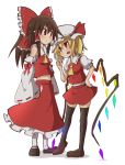  2girls black_legwear blonde_hair bow brown_hair detached_collar flandre_scarlet hair_bow hair_tubes hakurei_reimu hat hat_ribbon hip_vent kumo_(atm) long_sleeves midriff mob_cap multiple_girls navel puffy_sleeves red_eyes ribbon shirt side_ponytail skirt skirt_set thigh-highs touhou wide_sleeves wings zettai_ryouiki 