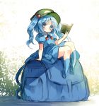  1girl alternate_hair_length alternate_hairstyle backpack bag blue_eyes blue_hair book hair_bobbles hair_ornament kawashiro_nitori long_hair looking_at_viewer oversized_object piyokichi puffy_short_sleeves puffy_sleeves shirt short_sleeves sitting_on_object skirt skirt_set solo touhou twintails very_long_hair 