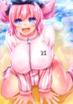  +_+ 1girl between_legs blue_eyes blush bow breasts buruma hair_bow hand_between_legs hibari_(senran_kagura) highres large_breasts looking_at_viewer open_mouth pink_hair senran_kagura senran_kagura_(series) short_hair short_twintails sitting smile solo symbol-shaped_pupils track_jacket twintails v_arms wariza waruwarutsu 