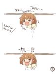  1girl =_= alternate_costume brown_eyes brown_hair commentary_request fang hair_ornament hairclip ikazuchi_(kantai_collection) kantai_collection kotanuki_329 long_sleeves open_mouth peeing peeing_self short_hair simple_background solo translated wavy_mouth white_background younger 