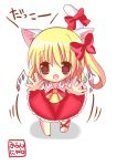  1girl animal_ears bell blonde_hair blush_stickers bow cat_ears cat_tail chibi flandre_scarlet hair_bow hane. outstretched_hand red_eyes solo tail tail_bell touhou wings 