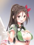  1girl admiral_(kantai_collection) amagi_(kantai_collection) blush breasts brown_eyes brown_hair cleavage_cutout hair_between_eyes hand_on_own_chest kantai_collection large_breasts looking_at_another midriff mole mole_under_eye open_mouth pulling serious shinkun simple_background tears upper_body 