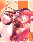  1girl alisia_heart belt blue_eyes blush boots commentary_request dungeon_travelers_2 elbow_pads front-tie_top gauntlets hairband long_hair looking_at_viewer mame-p open_mouth pantyhose redhead skirt solo spaulders white_legwear 