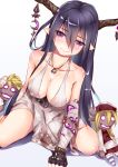  1girl bandages black_hair blush breasts cleavage collarbone danua doll dress embarrassed fingerless_gloves gloves granblue_fantasy henet_hene horn_ornament horns jewelry large_breasts long_hair necklace pointy_ears red_eyes sitting solo wariza white_dress 