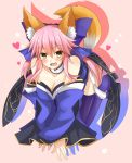  1girl animal_ears bare_shoulders blue_legwear blush bow breasts caster_(fate/extra) cleavage fang fate/extra fate_(series) fox_ears fox_tail hair_bow hair_ribbon heart highres japanese_clothes kuzuyu long_hair looking_at_viewer open_mouth pink_hair ribbon solo tail thigh-highs twintails yellow_eyes 