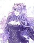  1girl armor breasts camilla_(fire_emblem_if) cleavage fire_emblem fire_emblem_if gloves hair_over_one_eye komugikomix long_hair monochrome solo 