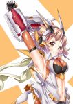  1girl armpits arms_up blush bodysuit breasts brown_hair elbow_gloves gauntlets gloves headgear headphones mad_(hazukiken) midriff navel scarf senki_zesshou_symphogear short_hair smile solo tachibana_hibiki_(symphogear) 