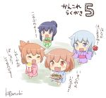  4girls :d ^_^ akatsuki_(kantai_collection) alternate_costume alternate_hairstyle artist_name black_hair blue_eyes brown_eyes brown_hair candy_apple closed_eyes commentary fang folded_ponytail food hair_ornament hairclip hibiki_(kantai_collection) ikazuchi_(kantai_collection) inazuma_(kantai_collection) japanese_clothes kantai_collection kimono kotanuki_329 long_hair multiple_girls open_mouth ponytail shaved_ice short_hair silver_hair smile takoyaki translated yakisoba younger yukata 