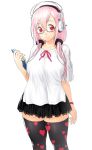  1girl bespectacled blush book breasts cleavage commentary_request glasses headphones highres large_breasts long_hair looking_at_viewer nitroplus onsoku_maru pink_hair red_eyes smile solo super_sonico thigh-highs zettai_ryouiki 