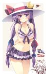  1girl alternate_hairstyle bikini breasts cleavage colored crescent frilled_bikini frills hat hat_ribbon koakuma long_hair matsuri_uta patchouli_knowledge purple_hair ribbon satou_kibi solo swimsuit touhou violet_eyes 